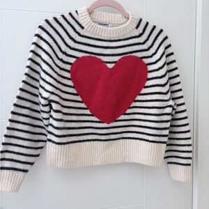 Old Navy Women's Black and White Striped Sweater with Red Heart